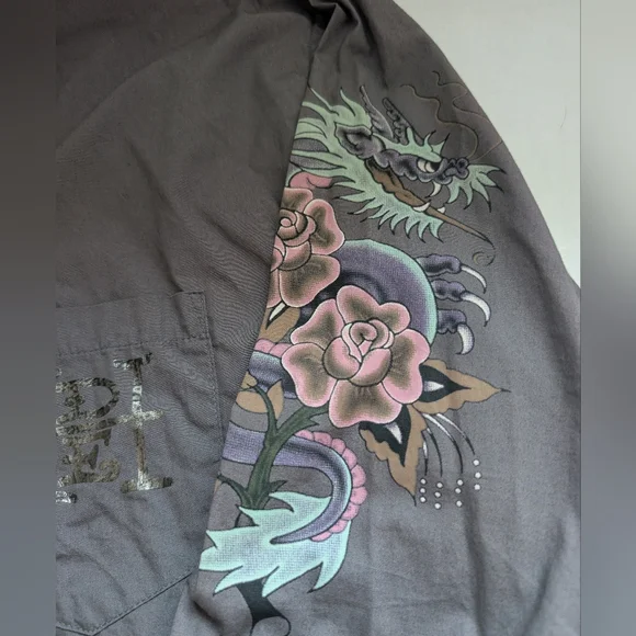 Vtg Ed Hardy Christian Audigier Floral Skull Kiss Of Death Men’s XL Grey - Picture 15 of 16